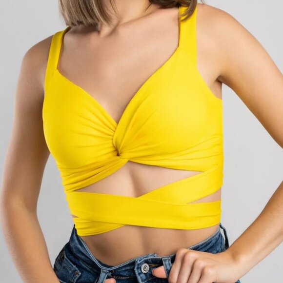 Yellow Wrap Crop Top Beach Summer Holiday Club Party Going Out - Picture 1 of 8